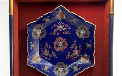 Large Chinese Porcelain Decorative Bowl, Framed. Cobalt Blue