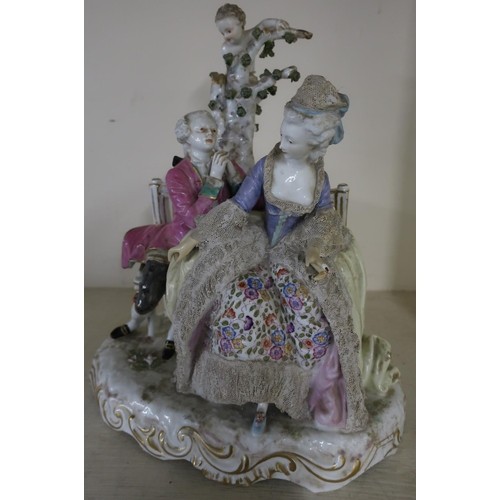 Large Meissen ceramic group of a courting couple on park ben...
