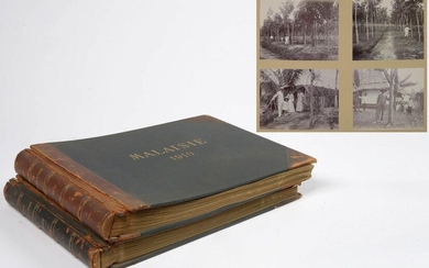Lot comprising two photo albums, one containing +/- 96 annotated black and white photographs of a trip to Siam and Cochin China in 1902 and the second containing +/- 149 black and white photographs of a trip to Malaysia in 1910. (Damaged album covers).