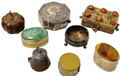 Lot of 8 Miniature Treasure Boxes Silver Gemstone Bronze Brass