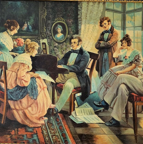 M. HARTUNG. Interior with musicians, oil painting, 20th century. Century.