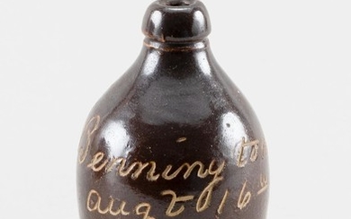 MINIATURE BENNINGTON SOUVENIR JUG Brown-glazed with sgraffito inscription "Bennington Aug 16th 1877". Indistinct pencil inscription...