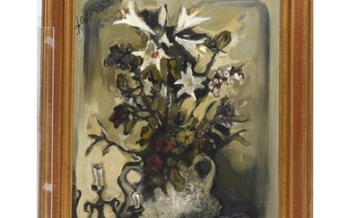 MONGRENIER Alain. (Né en 1940). « Bouquet de fleurs ». Huile sur toile signée et...