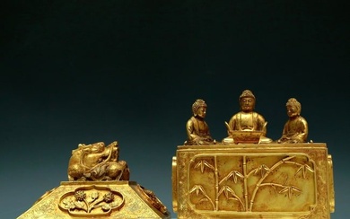 Magnificent Gilt-Bronze 'Dragon' Box With Three Figure Of Buddha Shakyamuni