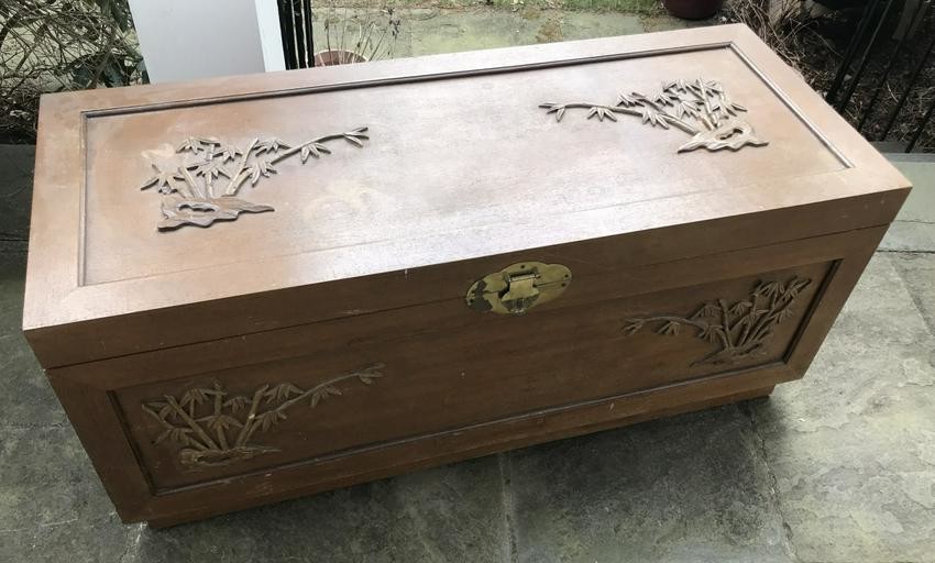 Mid Century Chinese Motif Hand Carved Trunk