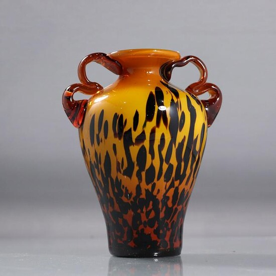Mid-Century Czech Case Glass Vase Applied Amber Handles