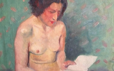 Model Reading a Book, French Impressionist 1930’s Figure Oil Painting c.1930's
