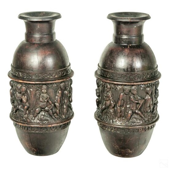 Monumental Figural Carve Wood Vases w Latin Script