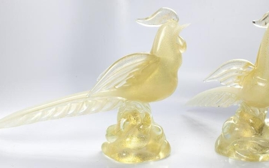 Murano pair gold encased clear glass figures of birds