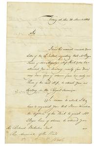 NELSON, Horatio, Viscount (1758-1805). Letter signed ('Nelson & Bronte') to Rear Admiral Sir Richard Bickerton, 2nd Bt, Victory at Sea, 21 March 1804.