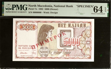 NORTH MACEDONIA. Narodna Banka na Makedonija. 5000 (Denar), 1992. P-7s. Specimen. PMG Choice Uncirculated 64 EPQ.