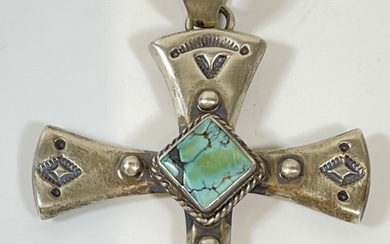 Native American Large Sterling Silver & Turquoise Cross S. Jack