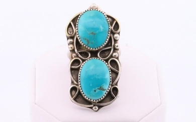 Native American Navajo Handmade Sterling Silver Turquoise Ring 2 Stone Cuff By R.S.
