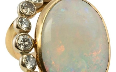 Natural Opal Genuine Diamonds Ring 14K Yellow Gold