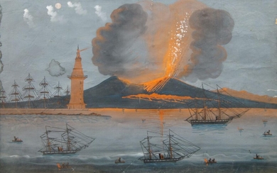 Neapolitan School, 19th century- Vesuvius erupting at night; gouache on paper, 42 x 64 cm