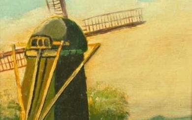 Oil on Wood Panel Windmill in Landscape