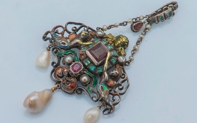 Openwork silver pendant (800 thousandths) centered of a red stone of square cut, in a surround of green stones, shouldered with a mermaid enhanced with enamel, surmounted by a cherub's head, holding three baroque pearls in pendants, held by two chains...