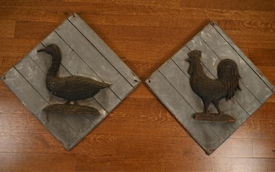 PAIR FOLK ART SALVAGED WOOD RELIEF-CARVED PLAQUES
