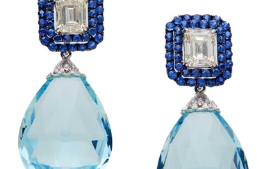 PAIR OF 18CT WHITE GOLD, AQUAMARINE, SAPPHIRE AND DIAMOND PENDANT DROP EARRINGS Accompanied by: a HRD certificate numbered 090004341...