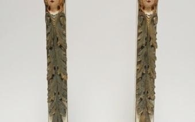 PAIR OF CARVED PAINTED WOODEN CANDLESTICKS