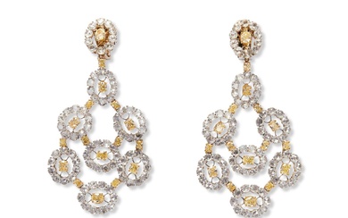 PAIR OF DAZZLING DIAMOND AND COLOURED DIAMOND CHANDELIER DROP EARRINGS