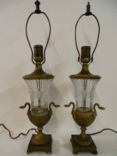 PAIR OF FRENCH LAMPS, CUT CRYSTAL URNS W/BRONZE BASE AND SWAN NECKS 20" HIGH