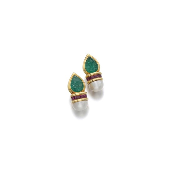 PAIR OF MABÉ PEARL, EMERALD AND RUBY EAR CLIPS, BENOIT DE GORSKI