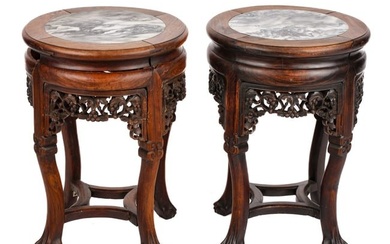 PAIR of CHINESE CARVED WOOD MARBLE TOP STAND