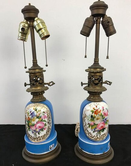 Pair 1800's Old Paris/Sevres (?) electrified Oil Lamps