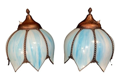 Pair Blue Tulip Stained Glass Sconces