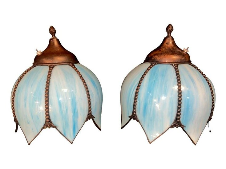 Pair Blue Tulip Stained Glass Sconces