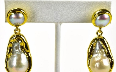 Pair Large Cultured Baroque Pearl & Gold Earrings