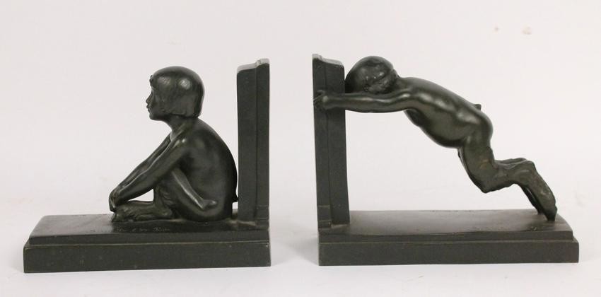 Pair Patinated Bronze Bookends Paul Silvestre