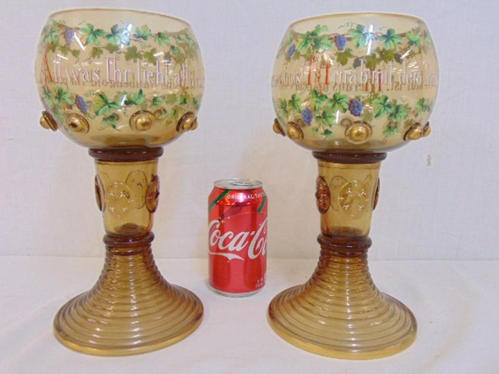 Pair large German presentation Goblets, pair hand blown