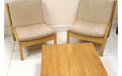 Pair of Blonde Elm Ercol easy chairs, with original oatmeal ...
