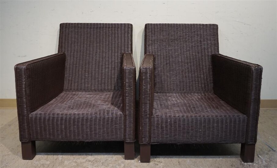 Pair of Century Furniture Brown Stained Wicker Lounge Chairs