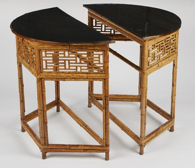 Pair of Chinese Bamboo Lacquer Demilune Tables w/ Gilt