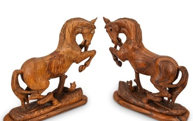 Pair of Chinese Carved Wooden Horse Sculptures