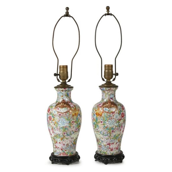 Pair of Chinese design millefleurs famille rose vases