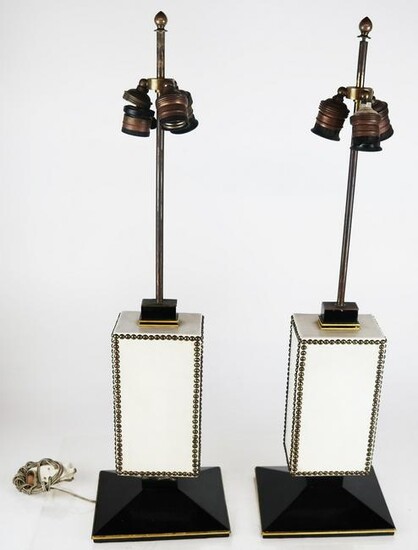 Pair of Ebonized & Leather Table Lamps