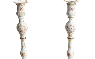 Pair of English Enamel Tall Candlesticks, Circa 1770