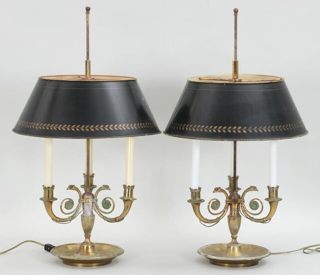 Pair of French bronze three light bouillotte lamps