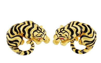 Pair of Gold and Black Enamel Tiger Cufflinks, David Webb