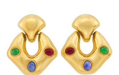 Pair of Gold and Cabochon Gem-Set Door Knocker Pendant-Earrings
