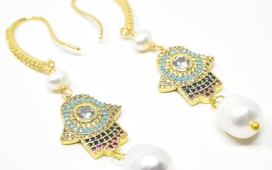 Pair of Hamsa Motif Earrings w Baroque Pearls