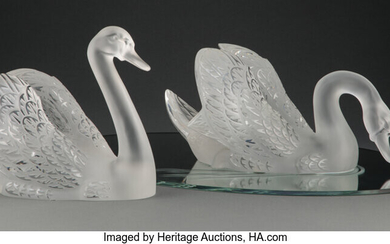 Pair of Lalique Clear and Frosted Glass Cygne Tete Droite and Cygne Tete Penchee Figures with Mirror (post-1945)