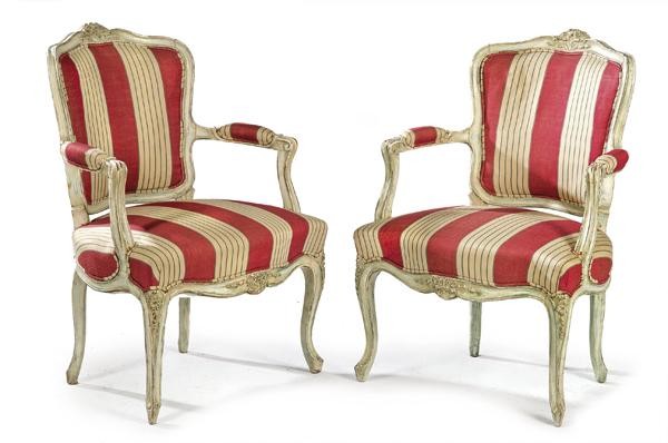Pair of Louis XV armchairs in carved and lacquered