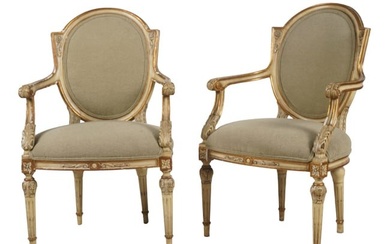 Pair of Neoclassical Style Painted and Gilt Fauteuils