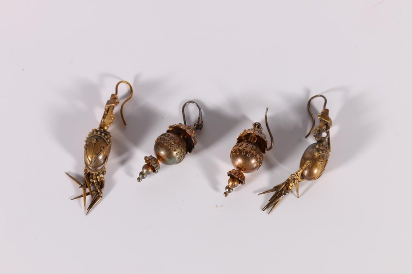 Pair of Victorian gold drop earrings of beaded umbrella form...