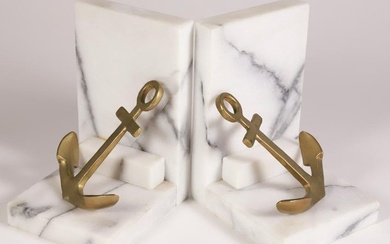Pair of Vintage Marble and Brass Anchor Bookends